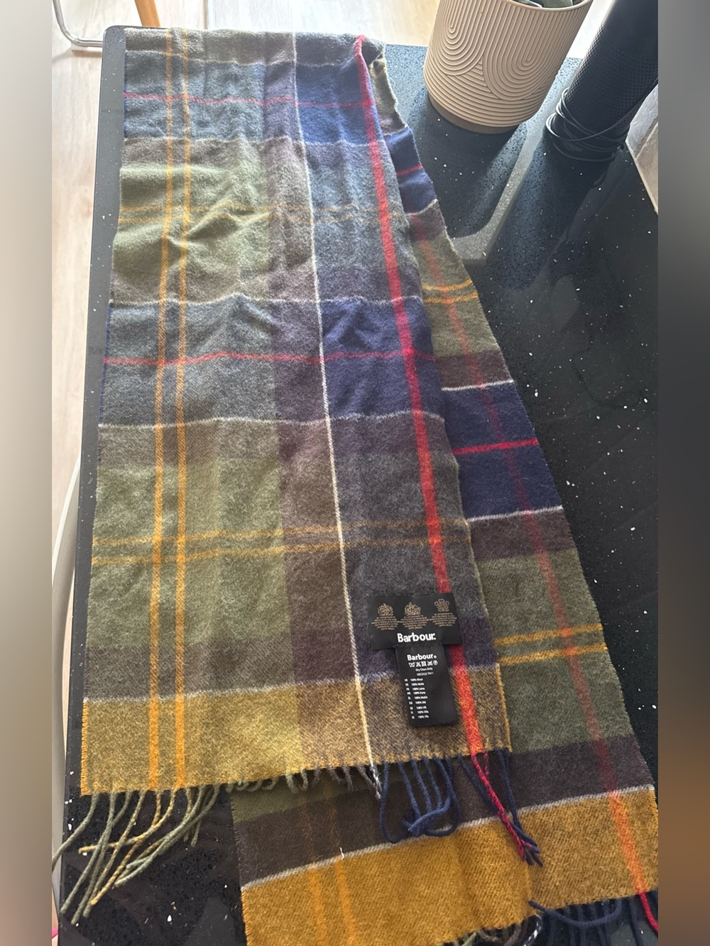 Barbour 100% Wool Tartan Plaid Scarf Navy Green Mustard Red Fringe Made Italy